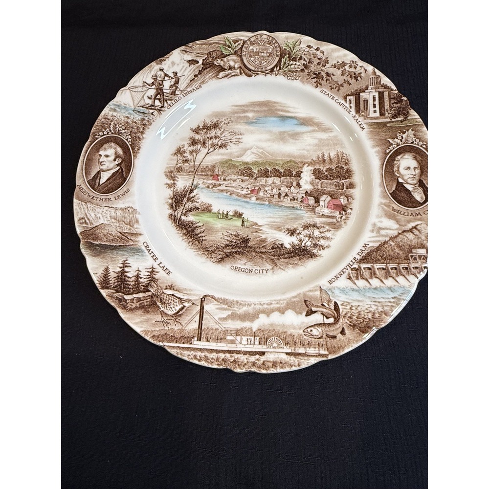 10 3/4" Johnson Bros State Plate OREGON Brown transferware Indians Lewis Clark